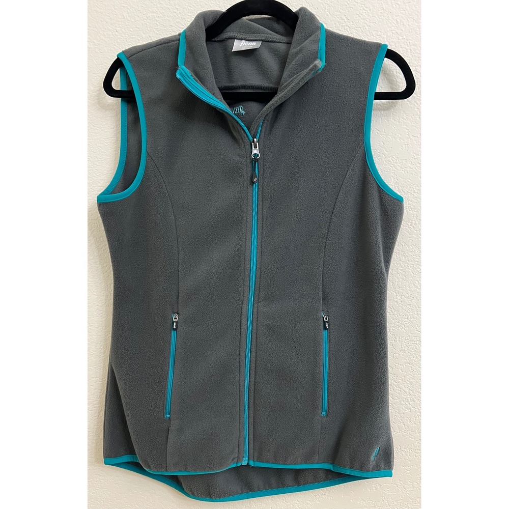 Penn Womens Fleece Vest Gray Teal Full Zip Mock Neck Pockets Size Medium